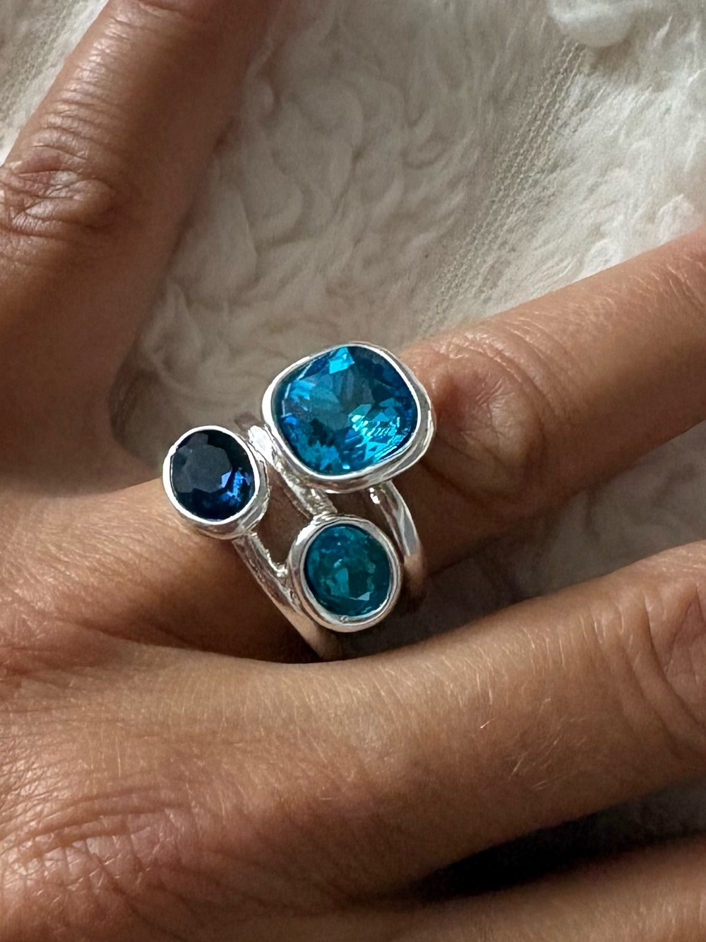 Triple Blue Crystal Sterling Ring - Women's Silver Statement Jewelry made Italy